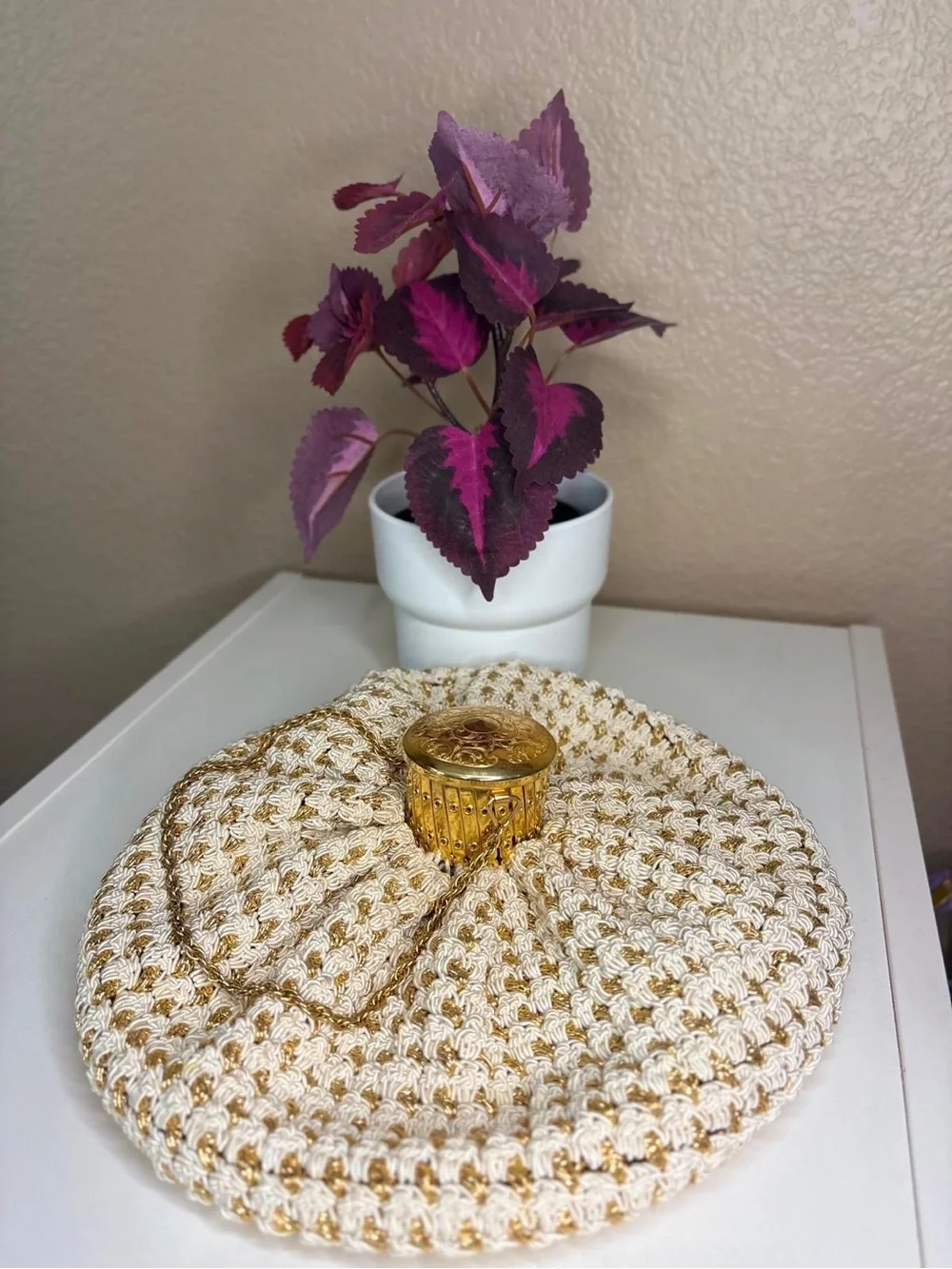 Vintage Made in Germany Gold White Cord Cage Top Handle Evening Bag